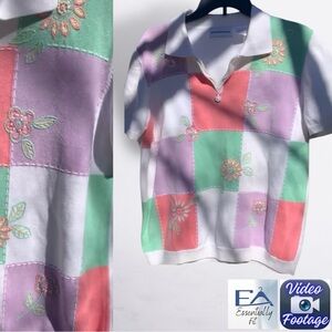 VTG 90s Alfred Dunner Pastel Patchwork Floral Embroidered 1/4 Zip Polo Sweater